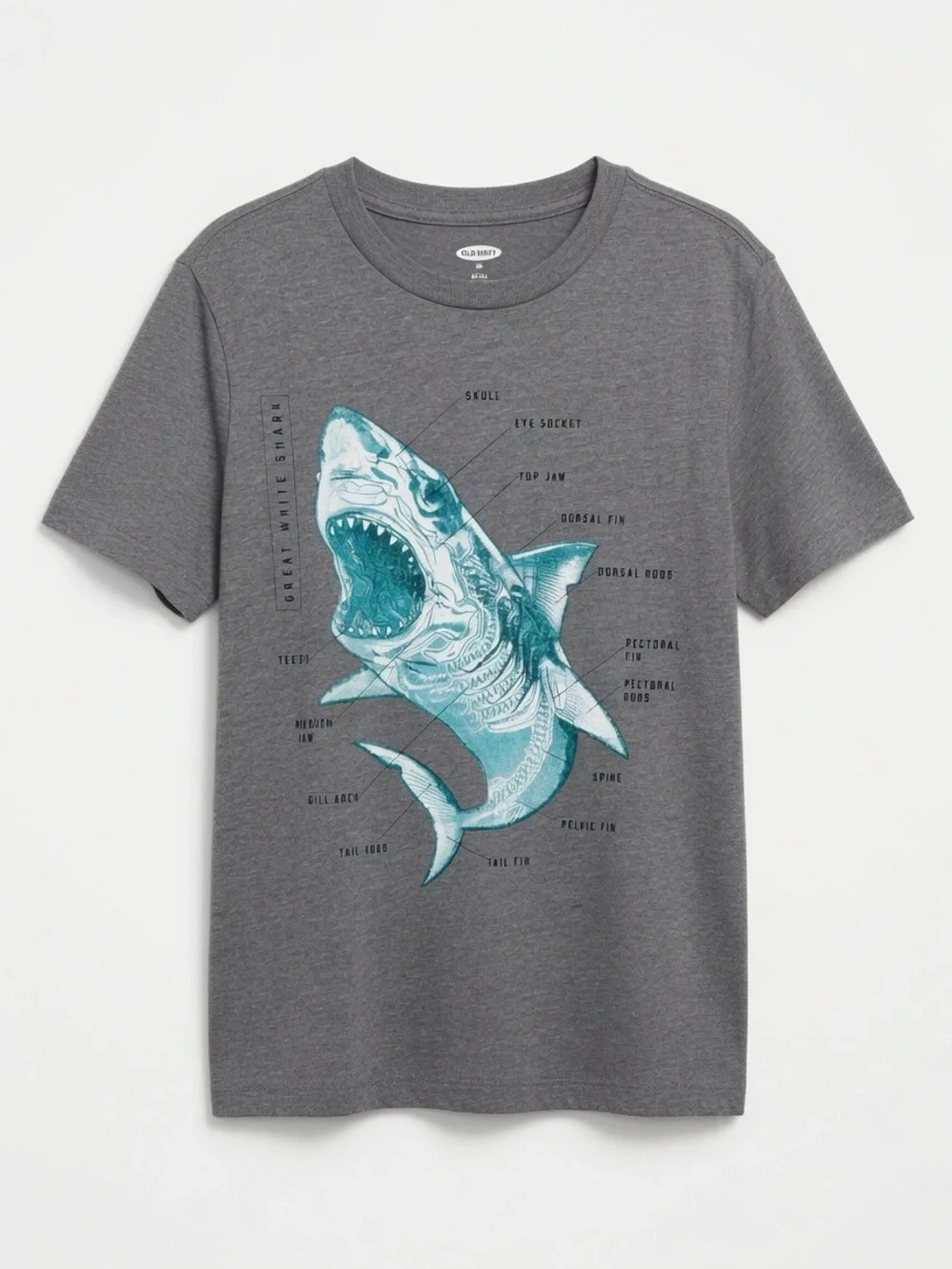 🟢3/$15 🦈 Old Navy Boys Gray Great White Shark Anatomy Graphic Tee